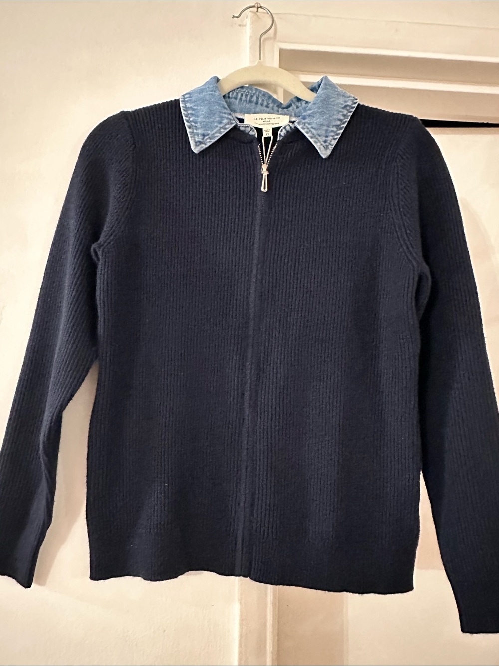 Women Navy Zip-Front Sweater with Denim Collar